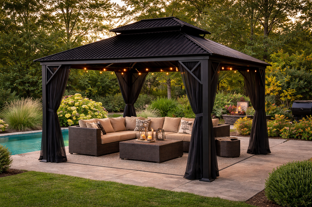 Gazebo Métropolis en Aluminium Noir avec Toit en Galvalume® - Corriveau International