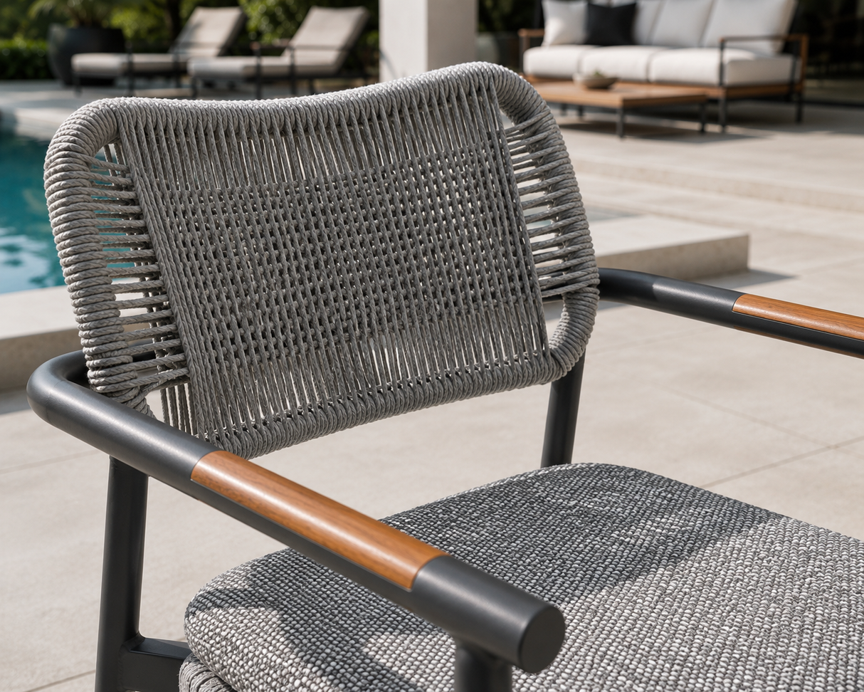 GALION Outdoor Dining Chair by Atoll | Aluminum, Rope, and Teak Accents
