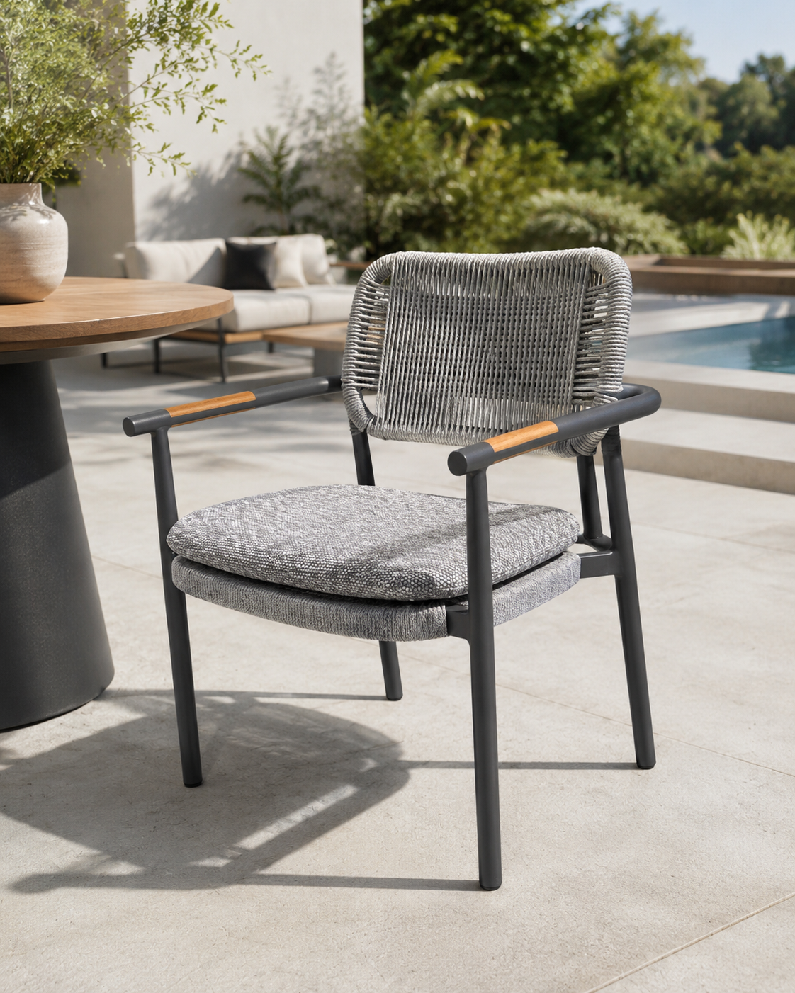GALION Outdoor Dining Chair by Atoll | Aluminum, Rope, and Teak Accents