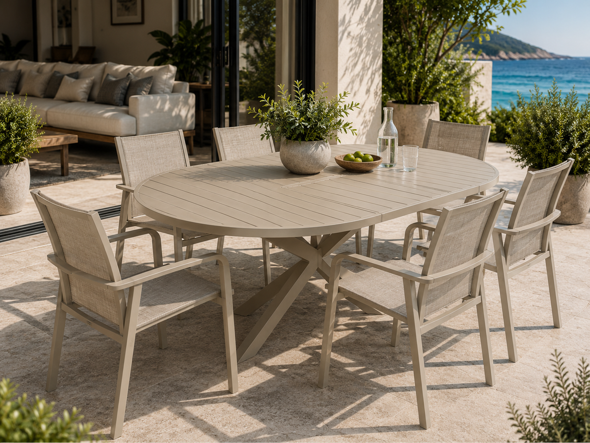 LIORA Extendable Round Outdoor Table by Moss | Sand-Colored Aluminum