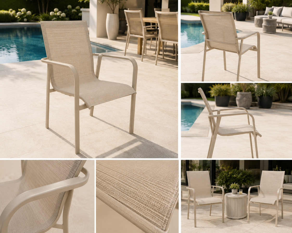 Chaise de salle à manger extérieure Alya par MOSS – Aluminium sable empilable