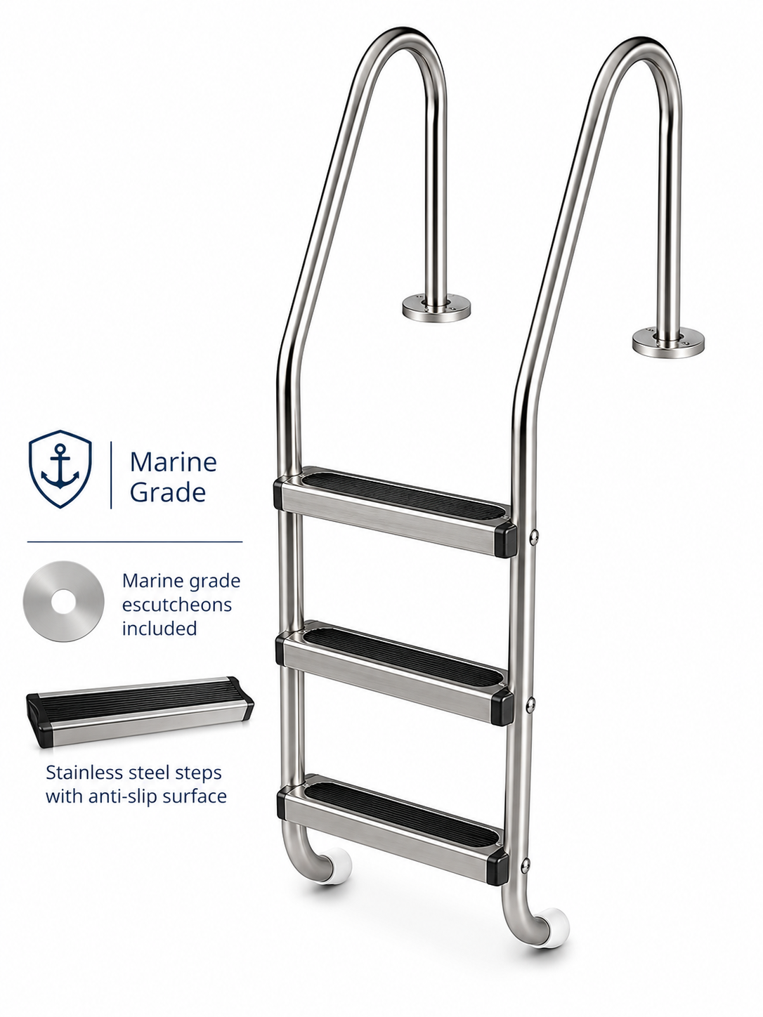 Échelle 3 marches noires pour piscine creusée Northern Stainless – Acier inoxydable de grade marin
