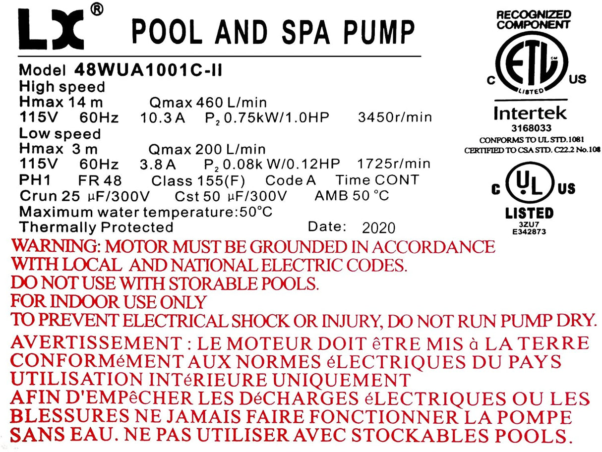 Pompe de spa LX 1 HP 2 vitesses 48WUA1001C-II – 115V