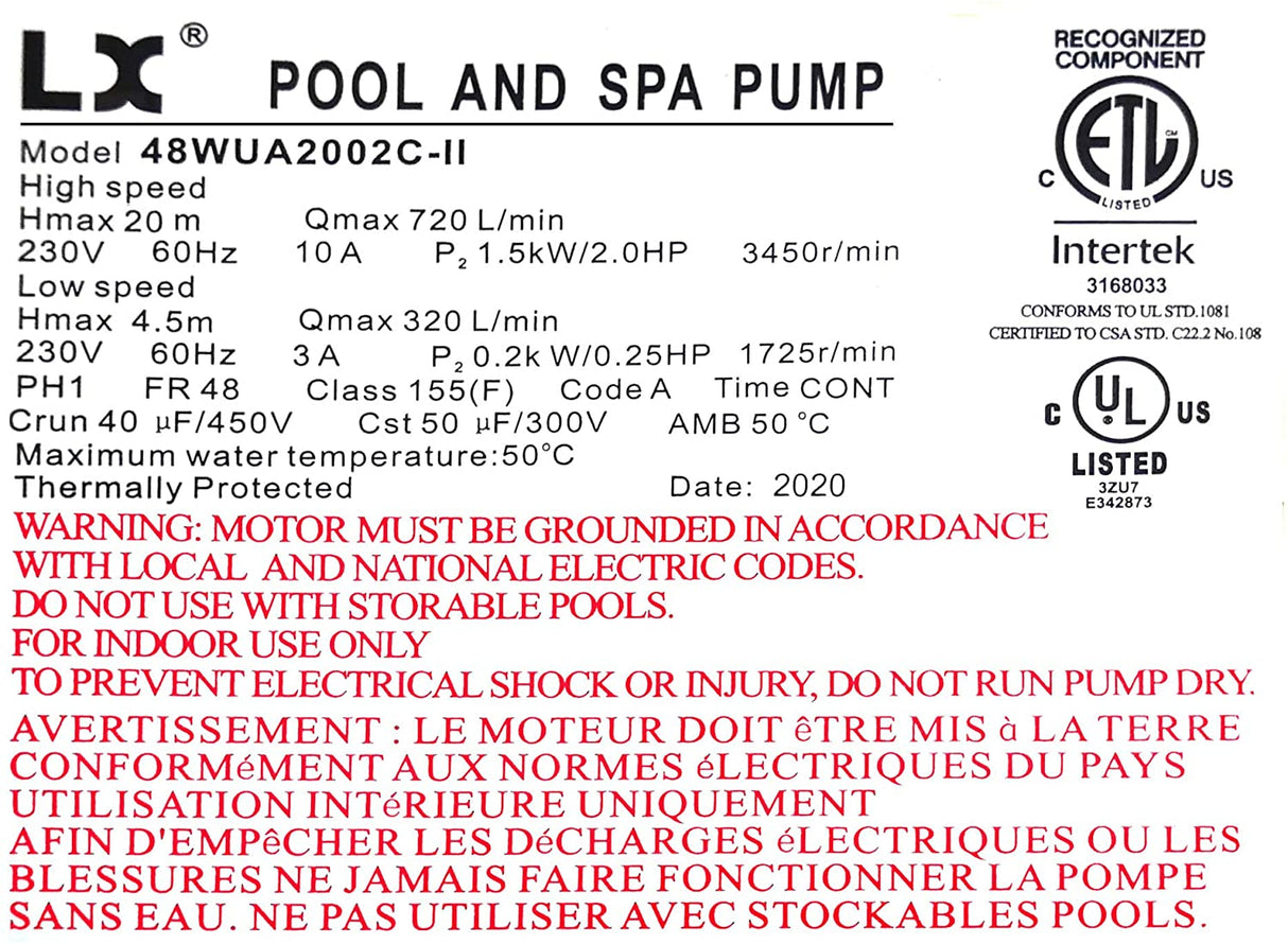 LX 2HP 2-Speed ββPump - Model 48WUA2002C-II