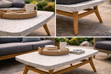 Palma 43" Outdoor Coffee Table in White Faux Stone and Natural Teak – T3WW0091