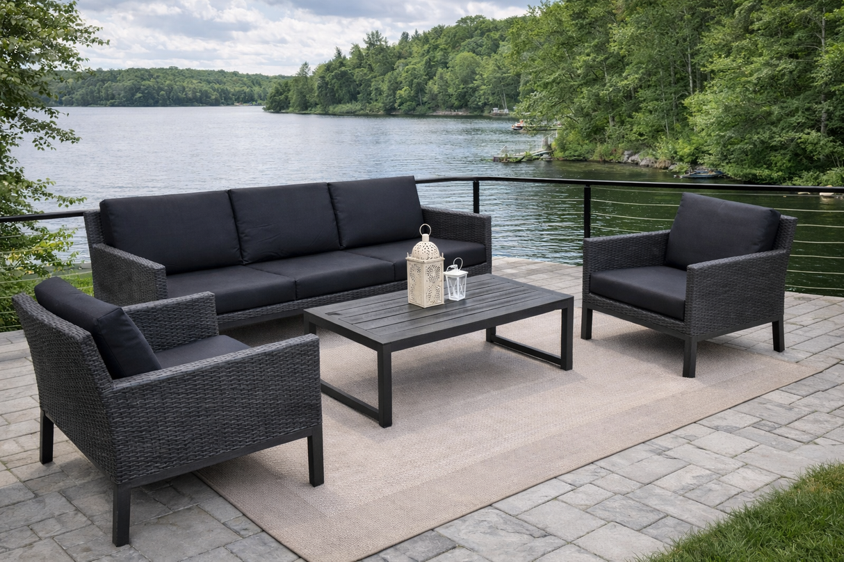 Ensemble de Salon Extérieur Ste-Lucie – 4 Morceaux | Rotin Noir & Coussins Textilène à Séchage Rapide