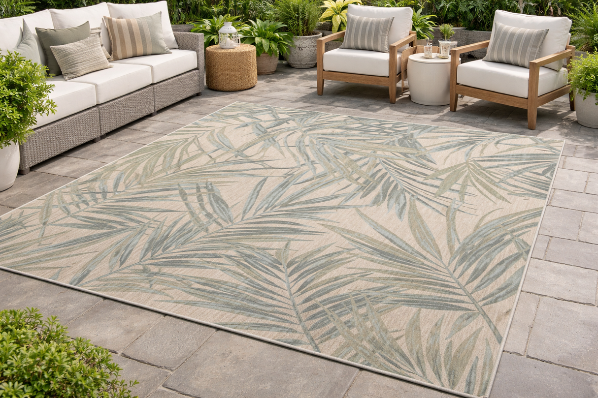 Tapis extérieur Paradise Cove 100 % polyester recyclé – Motif feuilles contemporain