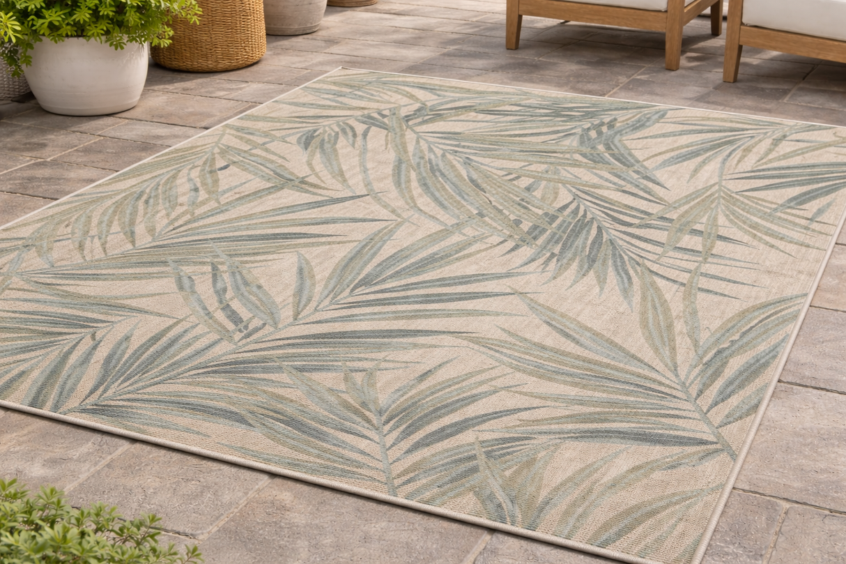 Tapis extérieur Paradise Cove 100 % polyester recyclé – Motif feuilles contemporain