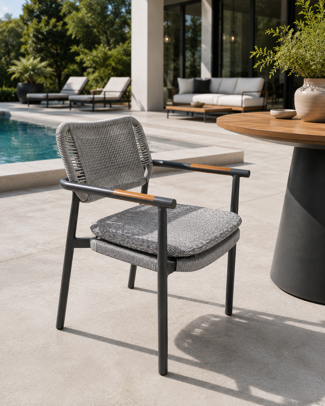 GALION Outdoor Dining Chair by Atoll | Aluminum, Rope, and Teak Accents