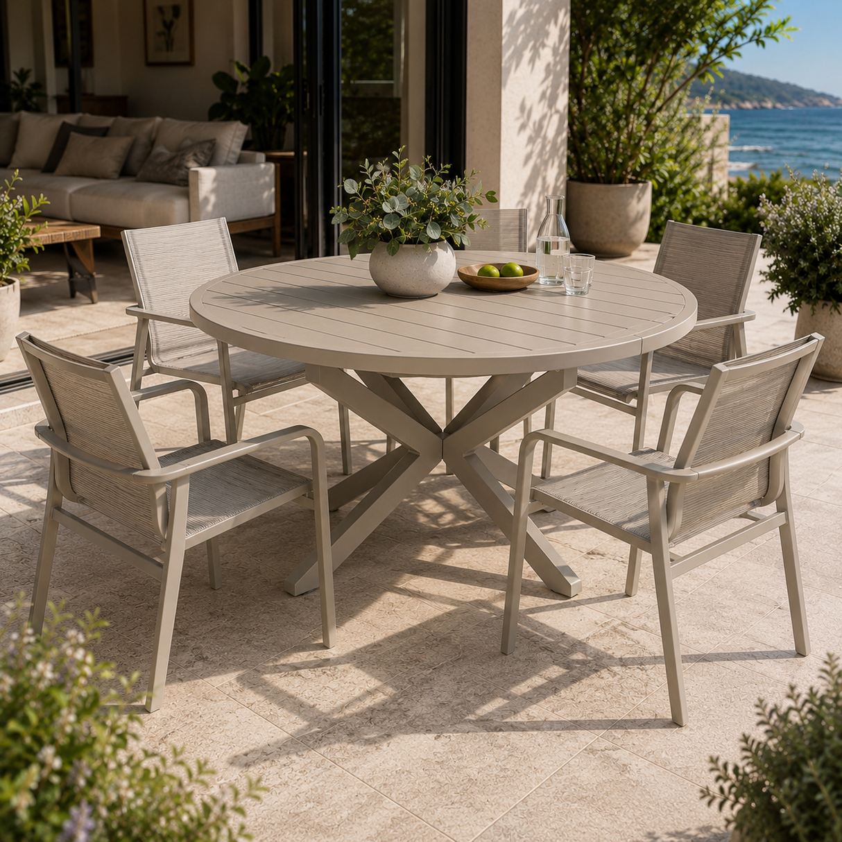 LIORA Extendable Round Outdoor Table by Moss | Sand-Colored Aluminum