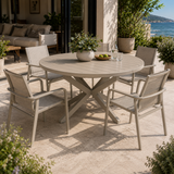 LIORA Extendable Round Outdoor Table by Moss | Sand-Colored Aluminum