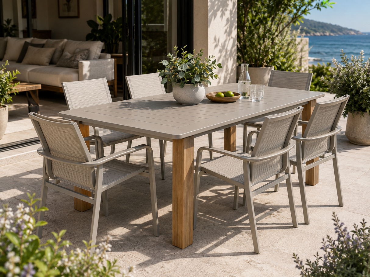 Table de salle à manger extérieure extensible Zena par MOSS – Aluminium sable 39 po x 71 po à 119 po