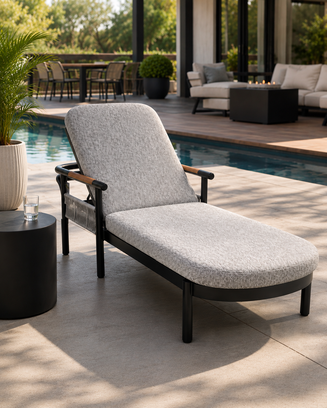Chaise longue Maho par ATOLL – Aluminium noir avec accoudoirs en teck